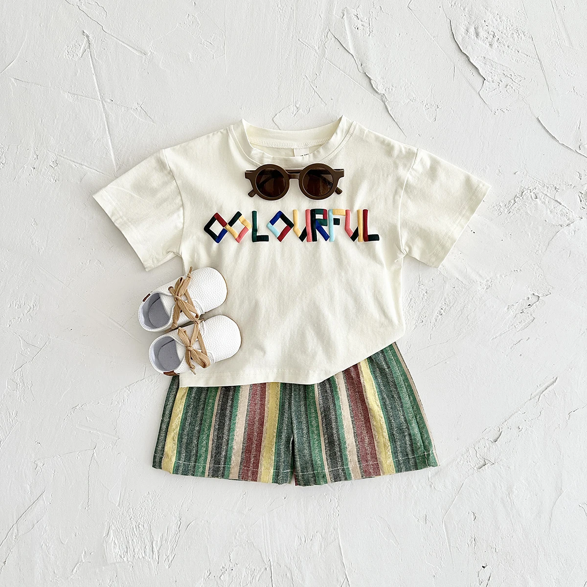 2024 Summer Newborn Boys Infants Clothing Set Short sleeved T-shirt+Shorts Girl Vacation Colorful Stripe Letter 2PCS