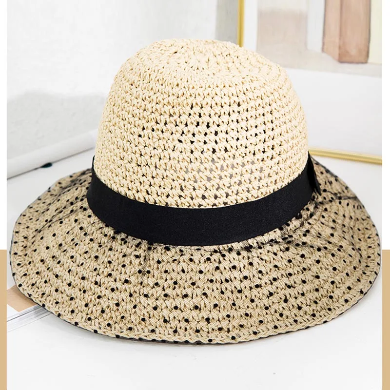 Sombrero de sol para mujer, gorros de playa con encaje de puntos, papel cosido, hierba, transpirable, protección solar, sombrero de pescador,