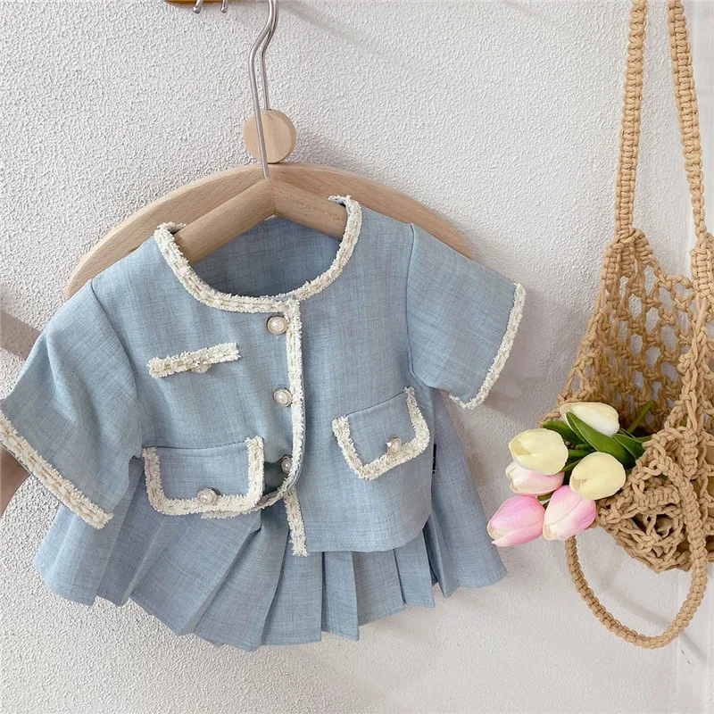 

Girl's Western Style Short Sleeve2Piece Suit2024Summer New Baby Temperament Top Pleated Skirt-WSNY