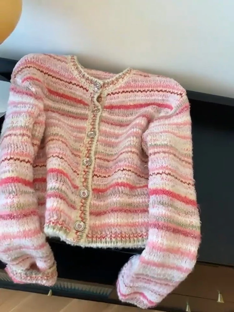 

Розовый полосатый вязаный открытый кардиган женский ort Sle осень-зима высококачественный свитер маленького размера Jaet