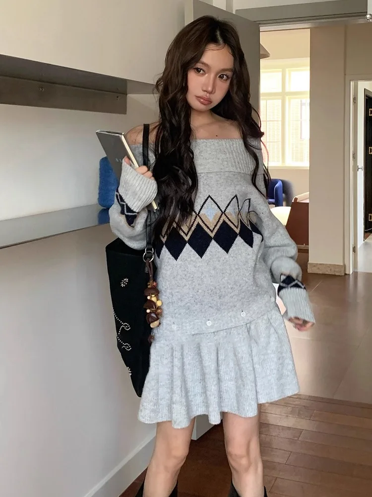 

NUMIND Pure Color Blo Diamond id One oulder Knitted Dr Women's Two-Way Design Detachable Warm Autumn Winter Sweater