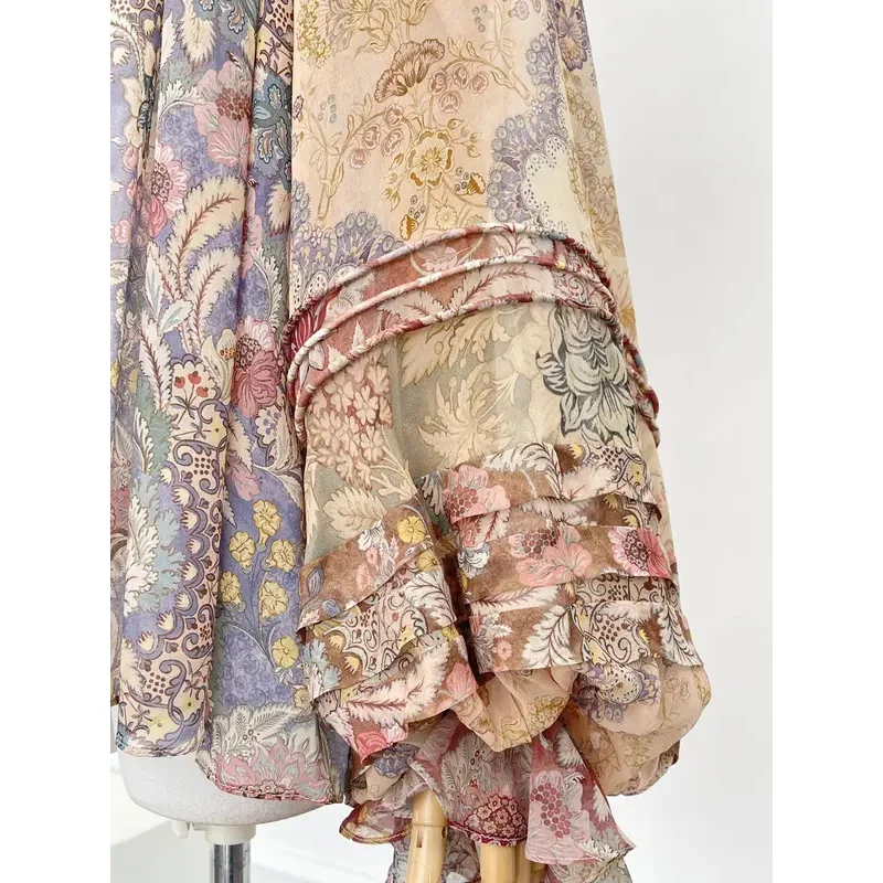 2025 신상 패션 브라운 바이올렛 플로럴 프린트 긴팔 블라우스 탑