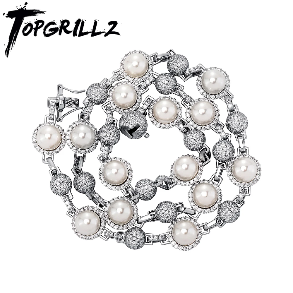 TOPGRILLZ New Womens Shell Beads Choker Necklace with Iced Full Micro Pave Cubic Zirconia Hip Hop Vintage Pearl Jewelry