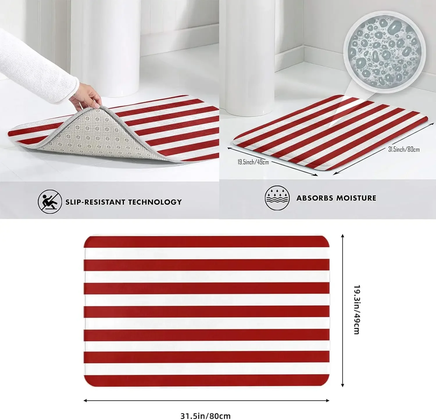 Red And White Stripe Bath Mat Absorbent Non Slip Rug For Bathroom Kitchen Bedroom Indoor Home Decor