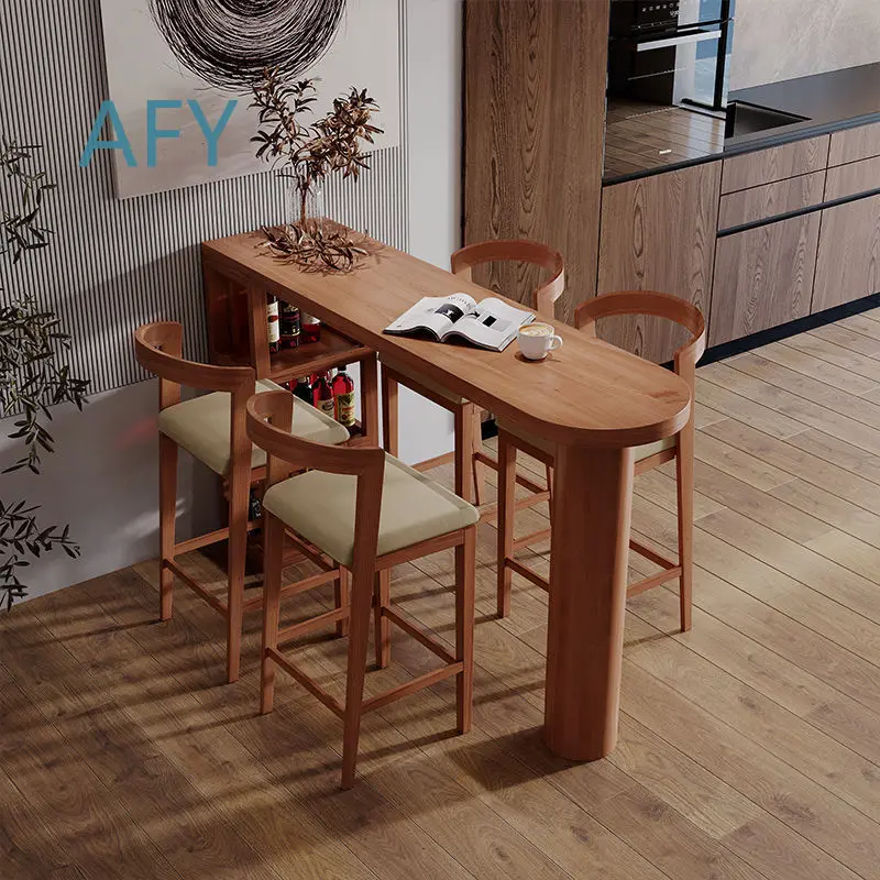 Nordic Solid Wood Bar Table for Home Use with Partition and Storage Cabinet Minimalist Balcony Rustic Leisure Bar Tea Table