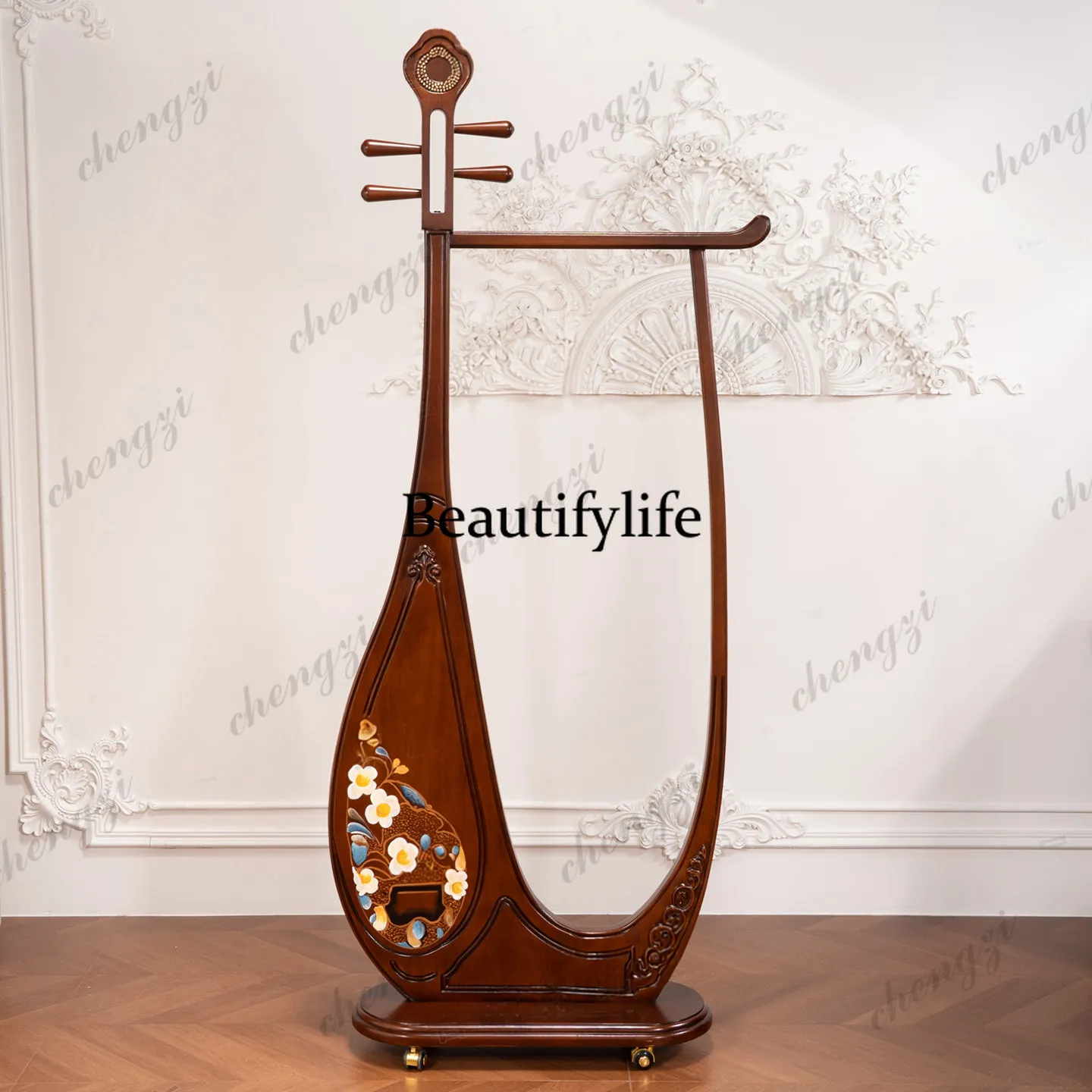 French medieval painted pipa solid wood floor coat rack American retro engraved with roller light luxury