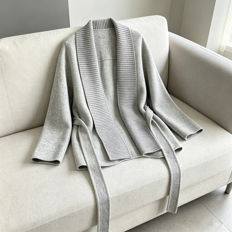 2026 Autumn Winter New Cashmere Wool Belt Knitted Medium to Long Coat for Women