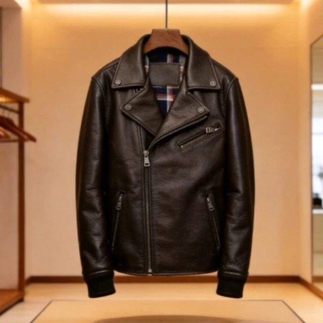 

HAL heavy industry locomotive first layer extra thick cowhide leather men's racing oblique zipper leather jacket