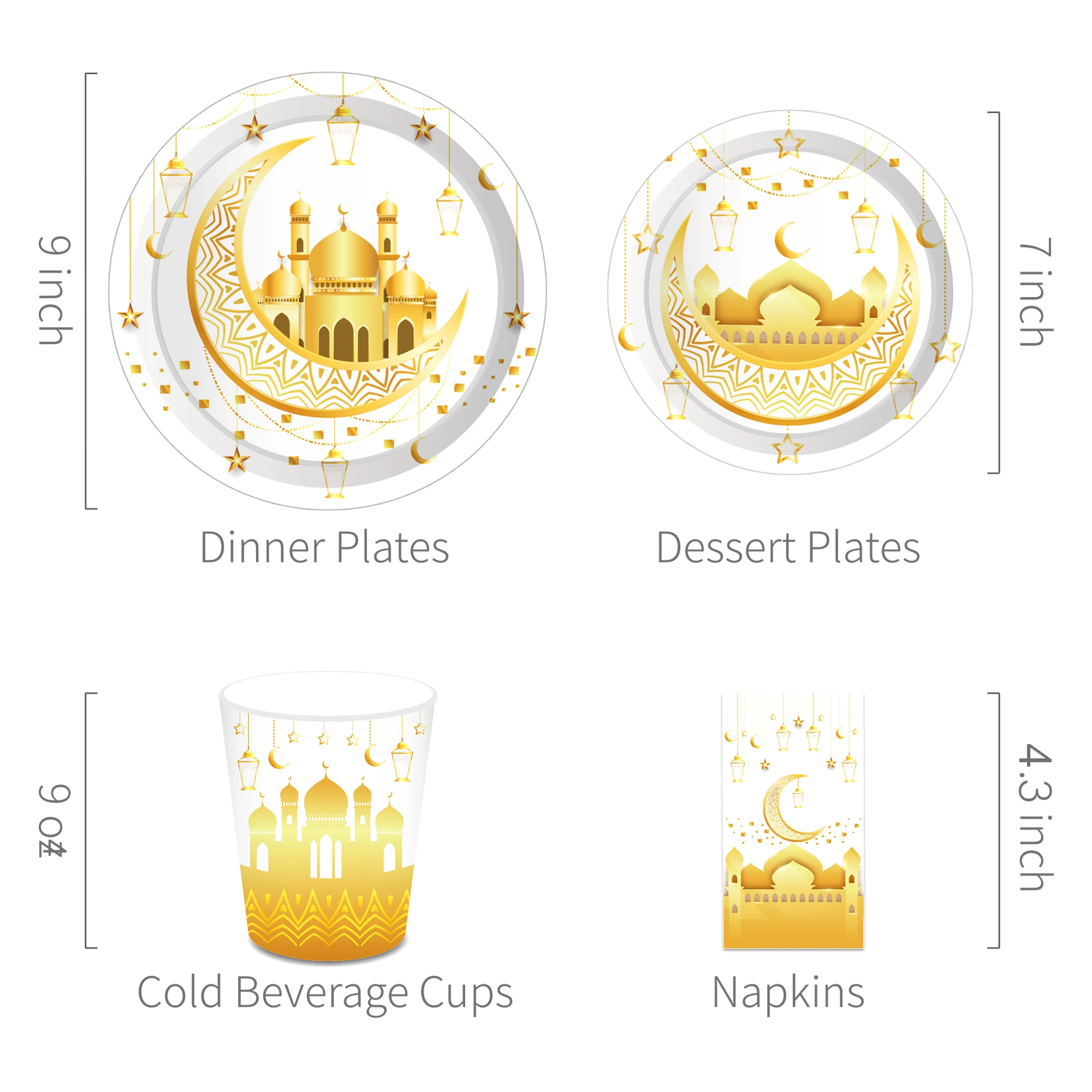 Ramadan Kareem Disposable Tableware Golden moon stars mosque print Paper Plates Cup Tablecloth EID Mubarak Decoration 2024