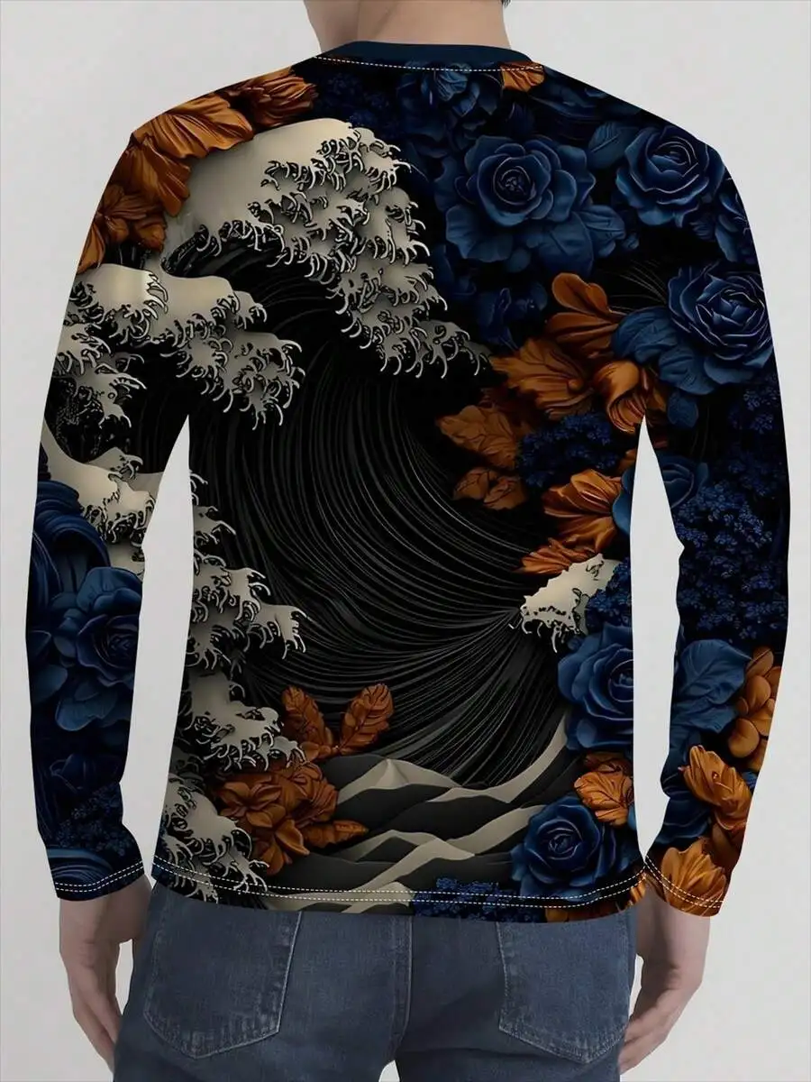 

Mens 3D Printed Long Sleeve T-Shirt With Wave And Floral Pattern, Japanese Style Art Design