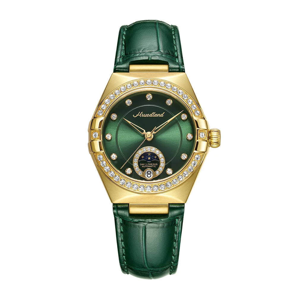 HRUODLAND Automatic Watch for Women Diamond Style Watch Small Mechanical Watch Sapphire Crystal Day Indicator Leather Strap