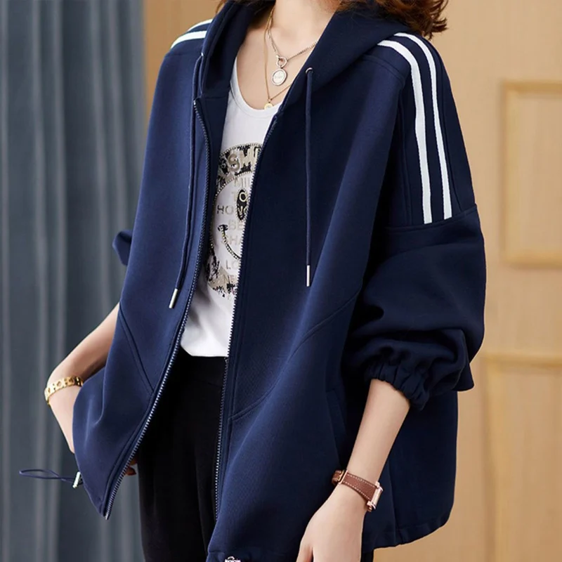 2023 Autumn Winter New Solid Color Hooded Long Sleeve Sweatshirts Cardigan Women Casual Loose Drawstring Pocket All-match Coat