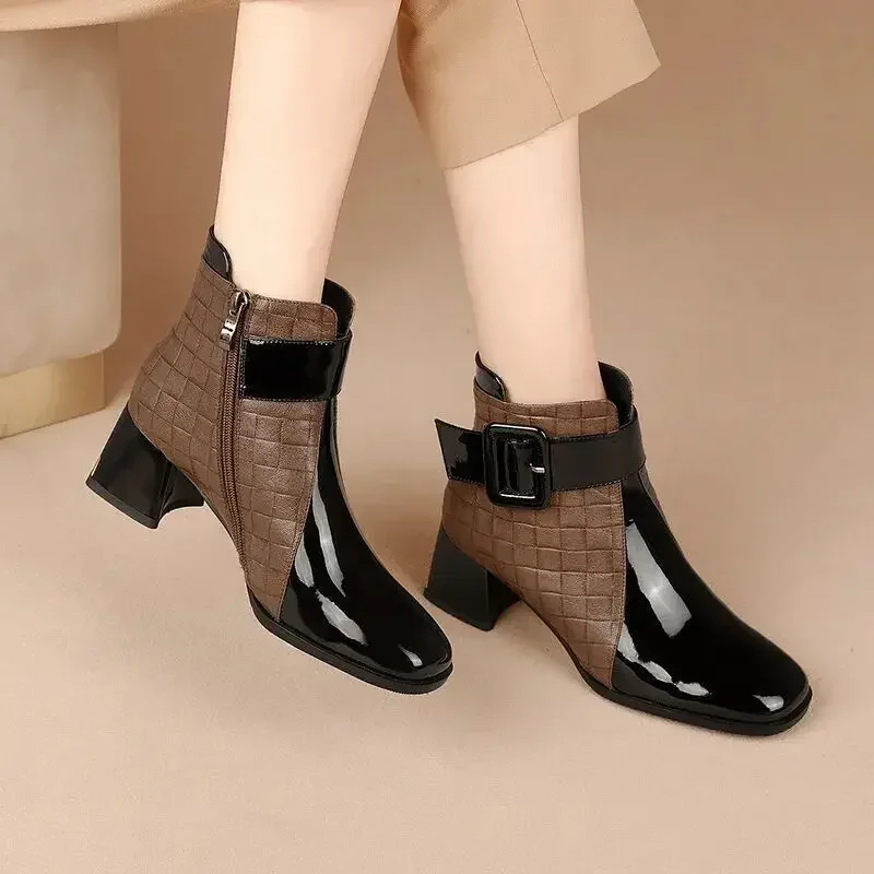 Damskie buty za kostkę Grube obcasy Platforma Krótkie buty Moda 2024 Buty damskie Retro Pasek Klamra Buty robocze Botas De Mujer