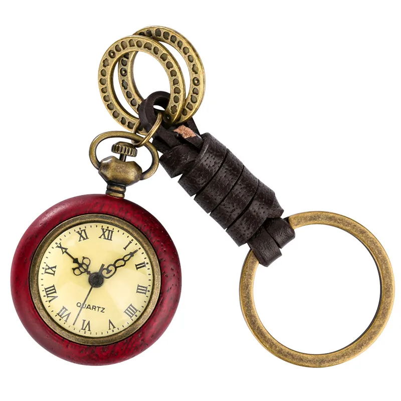 Creative Red Wood Case Roman Number Display Pocket Watch Quartz Movement Portable Key Ring Design Clock for Men Women Timepiece