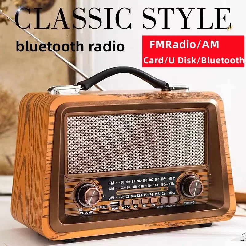 R-2066BT Wooden Retro Wireless Bluetooth Speaker Portable Digital FM Radio Compatible with Outdoor AUX/TF Card USB Mini Speaker