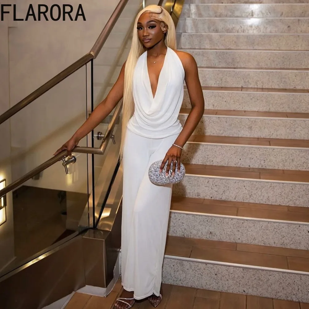 

FLARORA Sexy Halter Backless 2 Piece Set Woman Deep V Neck Sleeveless Ruched Tops And Pants Suits Hottie Midnight Party Clubwear