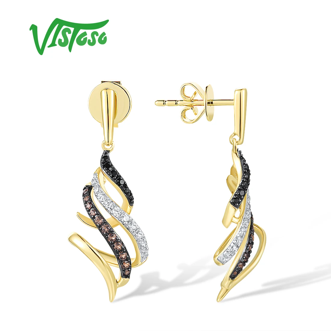 VISTOSO Authentic 14K 585 Yellow Gold Earrings For Women Sparkling White Brown Black Diamonds Unique Dangling Gifts Fine Jewelry