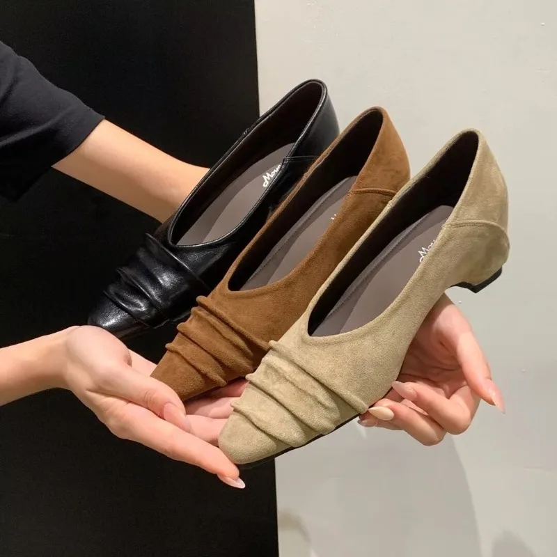 French-style Retro Square-toe Low-heeled Slip-on Black Leather Women's Shoes