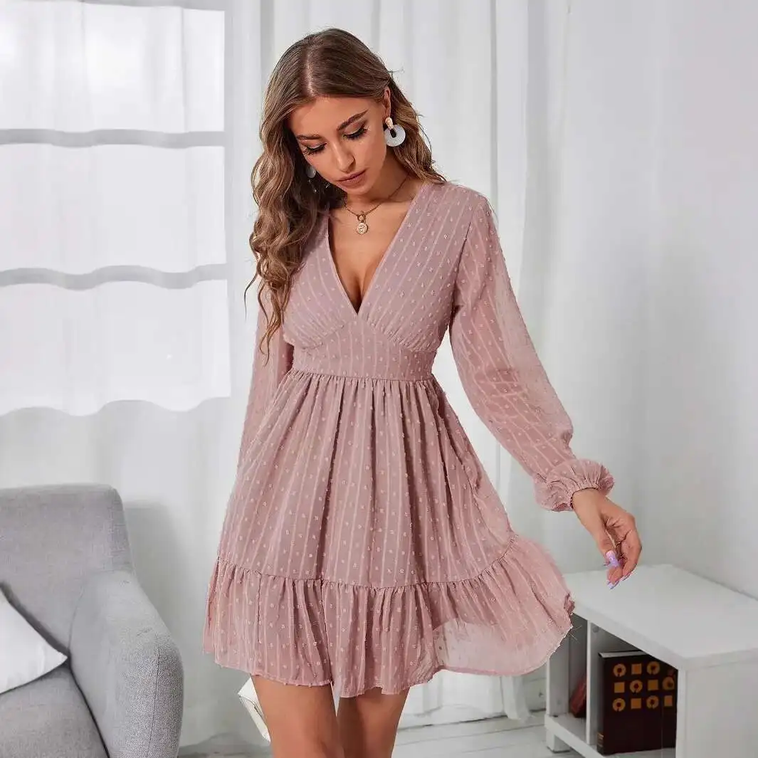 

2023 New Long Sleeved V-neck High Waist Lady Fashion Women's Dress 2025 Summer Dress Robe Vestido Women Elegant