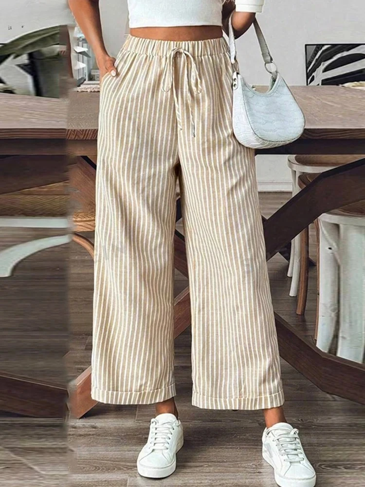 

Повседневные женские брюки в полоску, летние свободные широкие брюки с эластичной резинкой на талии, женские повседневные брюки-капри