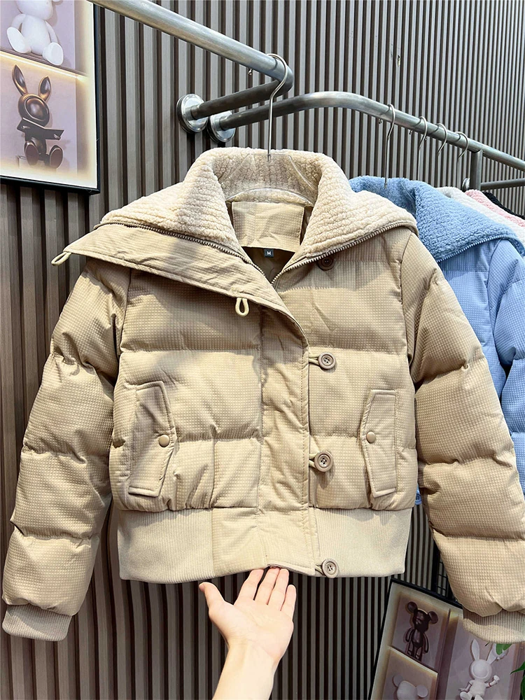 Women White Parkas Jacket Thicken Warm Padded Coat 90s Vintage Korean Long Sleeve Overcoat Streetwear 2000s Clothes Winter 2024