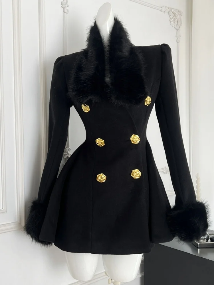 French Style Fur Collar Black Slim Waist Sinched Woolen Coat Women's  Golden Double Breasted Buckle Cotton Insulation Outwear