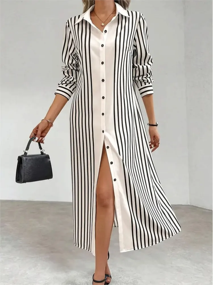 

Office Striped Shirt Dress For Women Fashion Long Sleeve Turn-down Collar Button Dresses Lady Spring Autumn Womens Clothing New