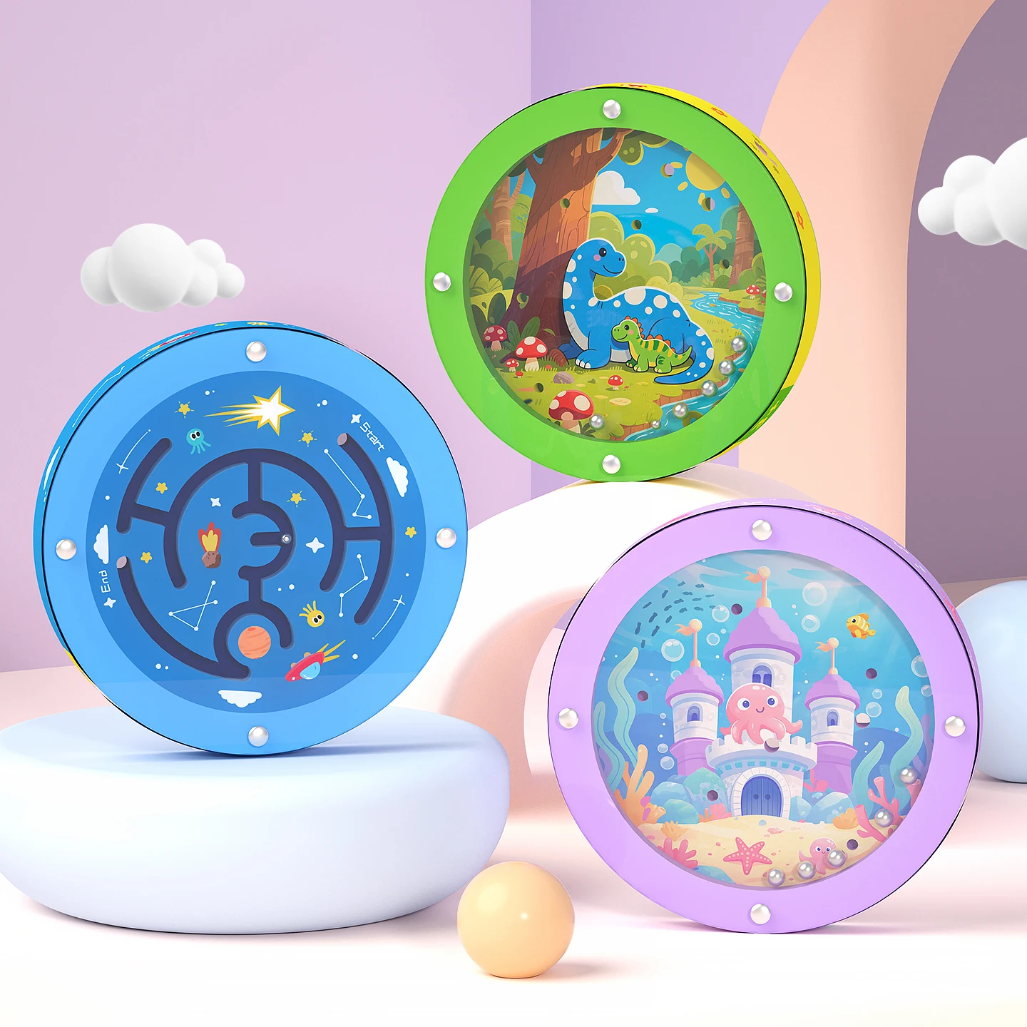 Wooden Double-Side Maze Toy Space Theme Round Balance Bead Maze Board Game Kids Early Educational Puzzle Toy for Boys Girls