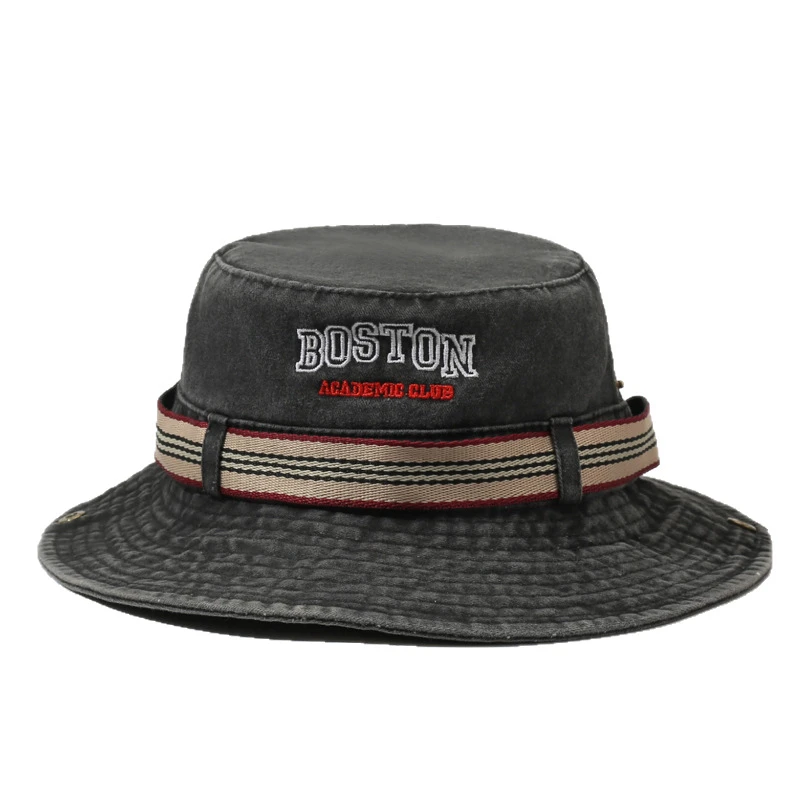 Outdoor UV-Schutz Gewaschener Denim Bucket Hat mit Boston-Stickerei und Breiter Krempe, Sonnenhut mit Verstellbarem Kinnriemen für Wandern und Camping