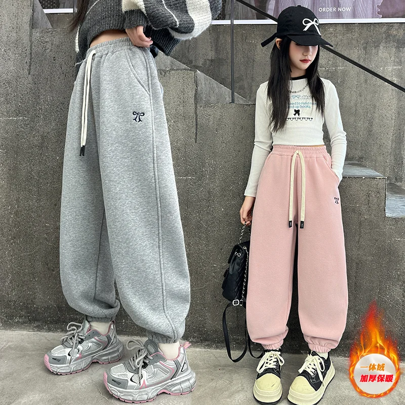 

Child Plush Velvet Pants Kids Winter Fleece-Lined Trousers Girls Thicken Sweatpants Toddler New Bow Embroidery Sports Warm Pants