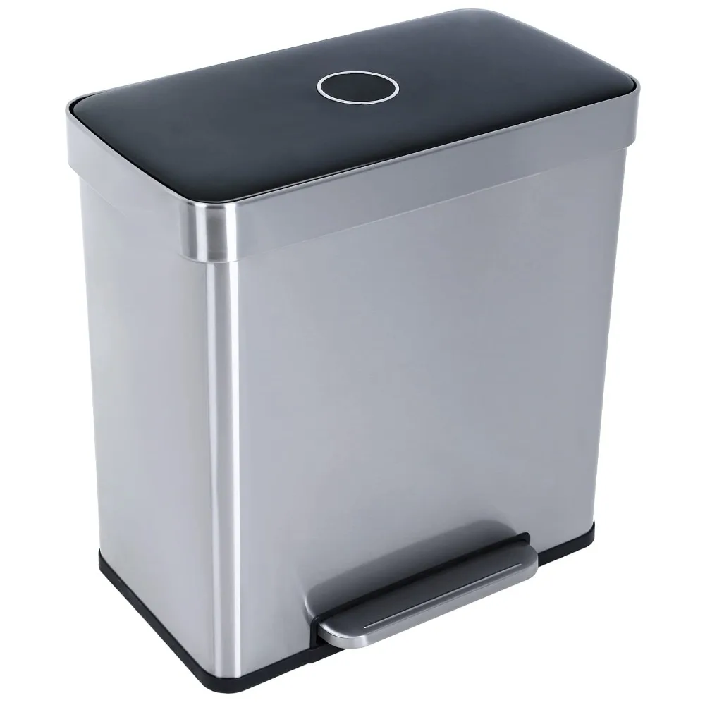 

Trash Can,16 Gallon (2X30L) Dual Garbage Can with Mute Metal Waste Bin, Stainless Steel Double Compartment Classified Recyc