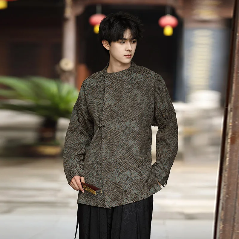Jas Tang Pria Muda Gaya Cina Baru, Sensasi Mewah dengan Bordir Pola Ular Piton, Kerah Bulat, Kancing Samping, Model Dao...