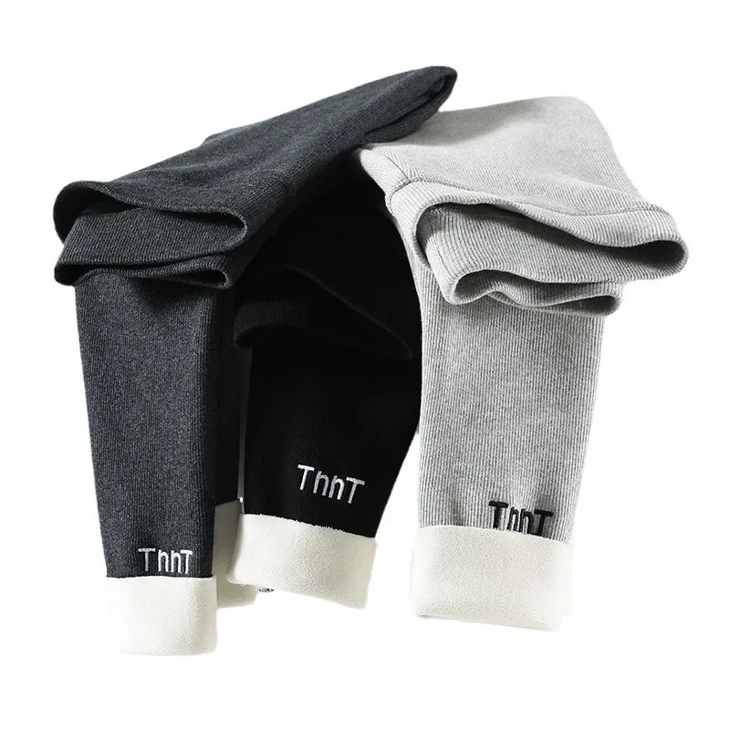 Gray Thermal and Fleece Leggings for Women's Outer Wear, Thickened Elastic High-waisted Thin Bottom Thermal Pants in Autumn and