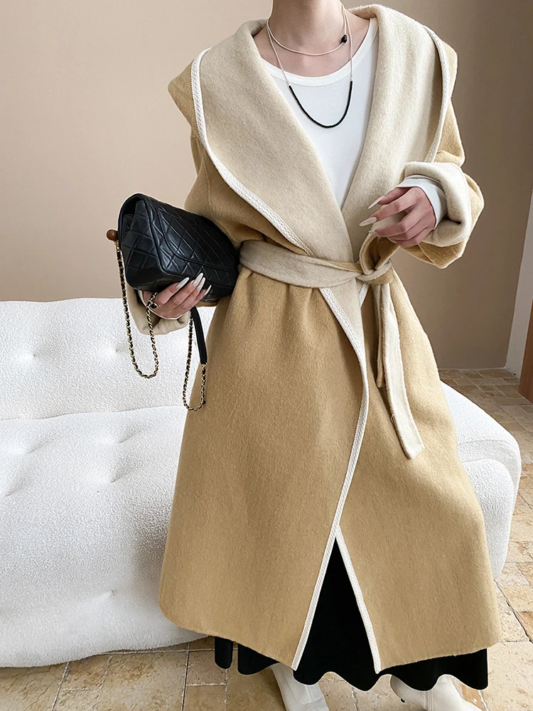 YERMORA Nero Patchwork Cintura Casual Cappotto di Lana Per Le Donne Con Cappuccio Manica Lunga Allentato Nuovo Cappotto Moda Marea Estate Inverno 2025