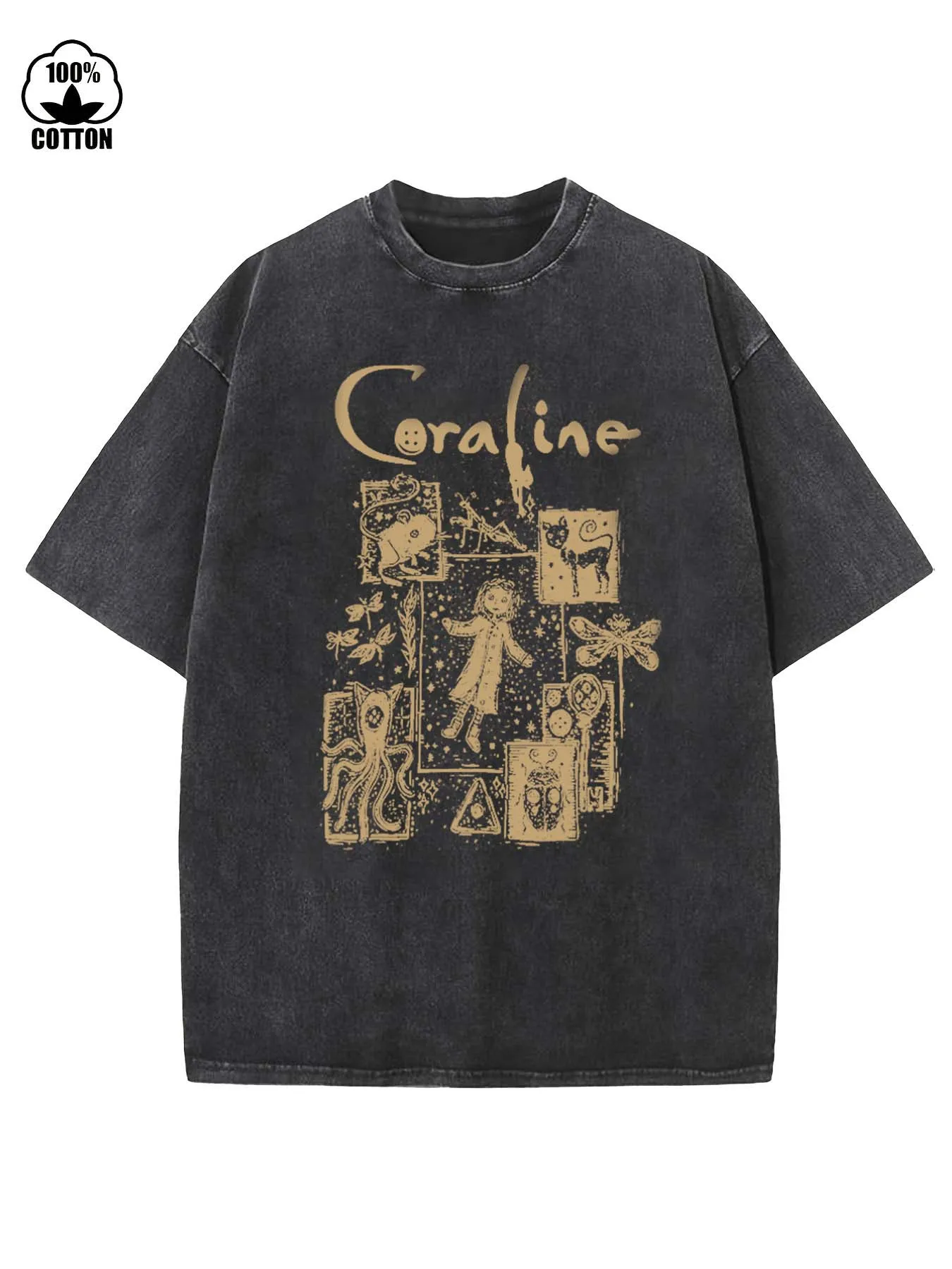 

Men's unisex washed cotton clothing with a vintage coral blue anime cartoon girl print,suitable for all seasonsand skin-friendly