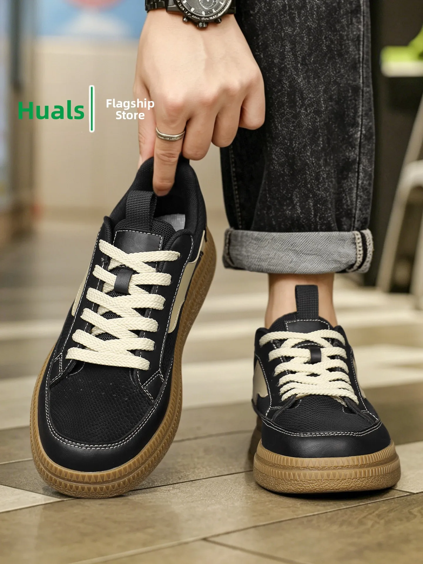 Men's Retro Sport Shoes Soft Bottom Black Casual Sneakers Trendy Dequn Fashionable All-Season Low Top Glue-Welded Rubber Sole