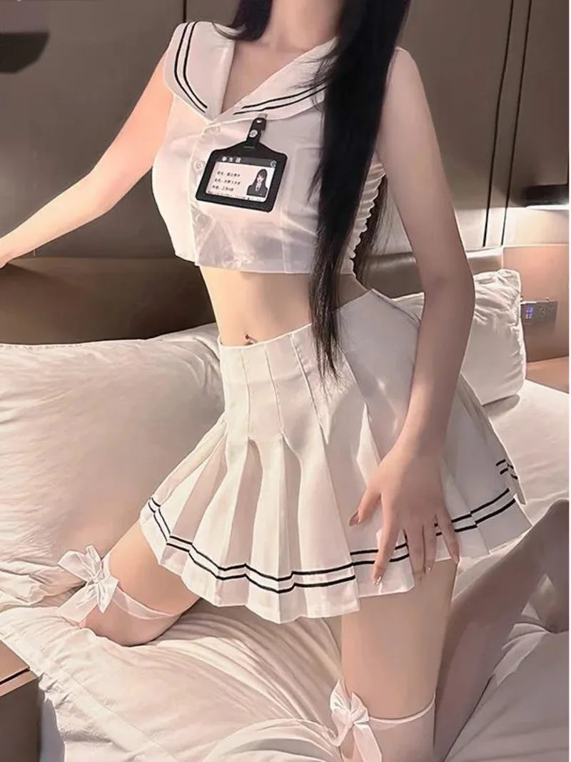 Conjunto JK estilo Academia para mujer, Top sin mangas con cuello azul marino, puro deseo, conjunto de vestido de dos piezas para chica, encantador y dulce fuego 0CM9