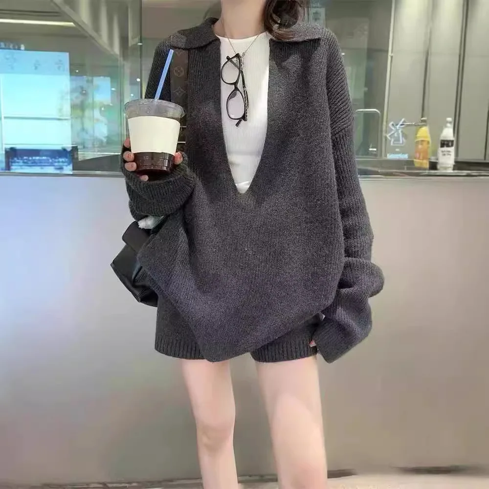 Lazy and Loose Sweater Set Women's Autumn and Winter New Loose Slimming Casual Knit Shorts Two-piece Set