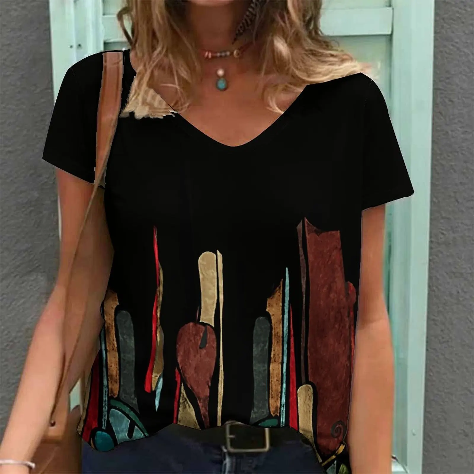 Women Print V Neck Short Sleeve Casual Loose Tunic Tops