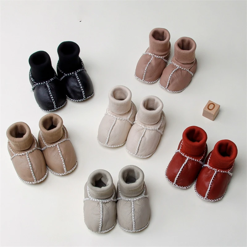

Baby Girls Boys Genuine Leather Boots Autumn Winter Newborn Infant Outdoor Shoes Thick Warm Plush Kids Mid Tube Socks Shoes