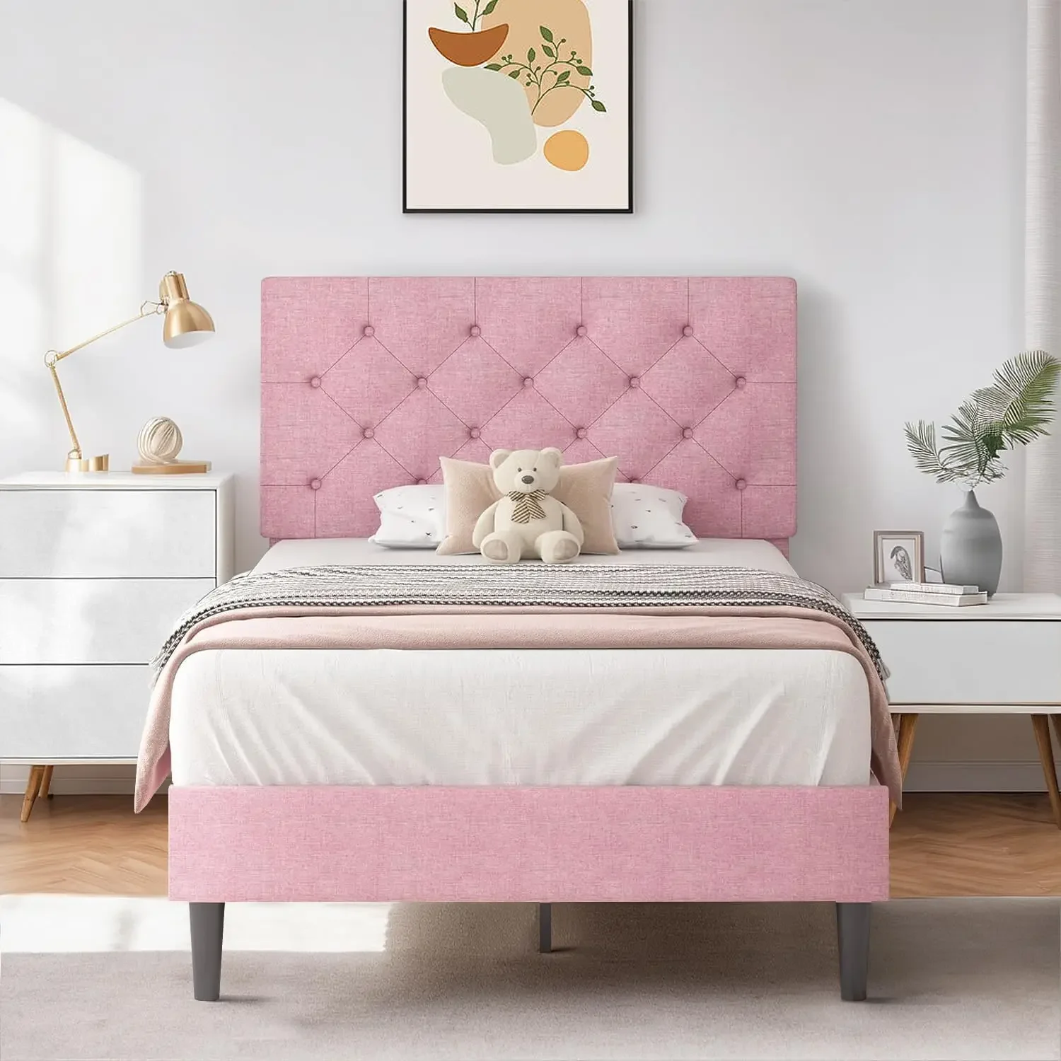 Twin Size Bed Frame, Linen Fabric Upholstered Twin Bed Frames with Headboard, Pink Twin Bed Frame with Wood Slats, Button