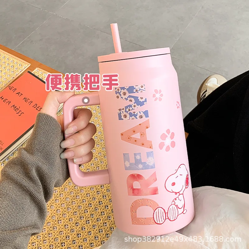 스누피 만화 보온 컵 대용량 빨대 보온 컵 주전자, 휴대용 304 스테인리스 스틸 물컵, 어린이 선물, 1500ml