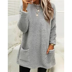 Autumn and Winter Women's Pullover Round Neck Pocket Flocking Solid Ruffles Long Sleeve Midi Hoodies Fashion Casual Loose Top