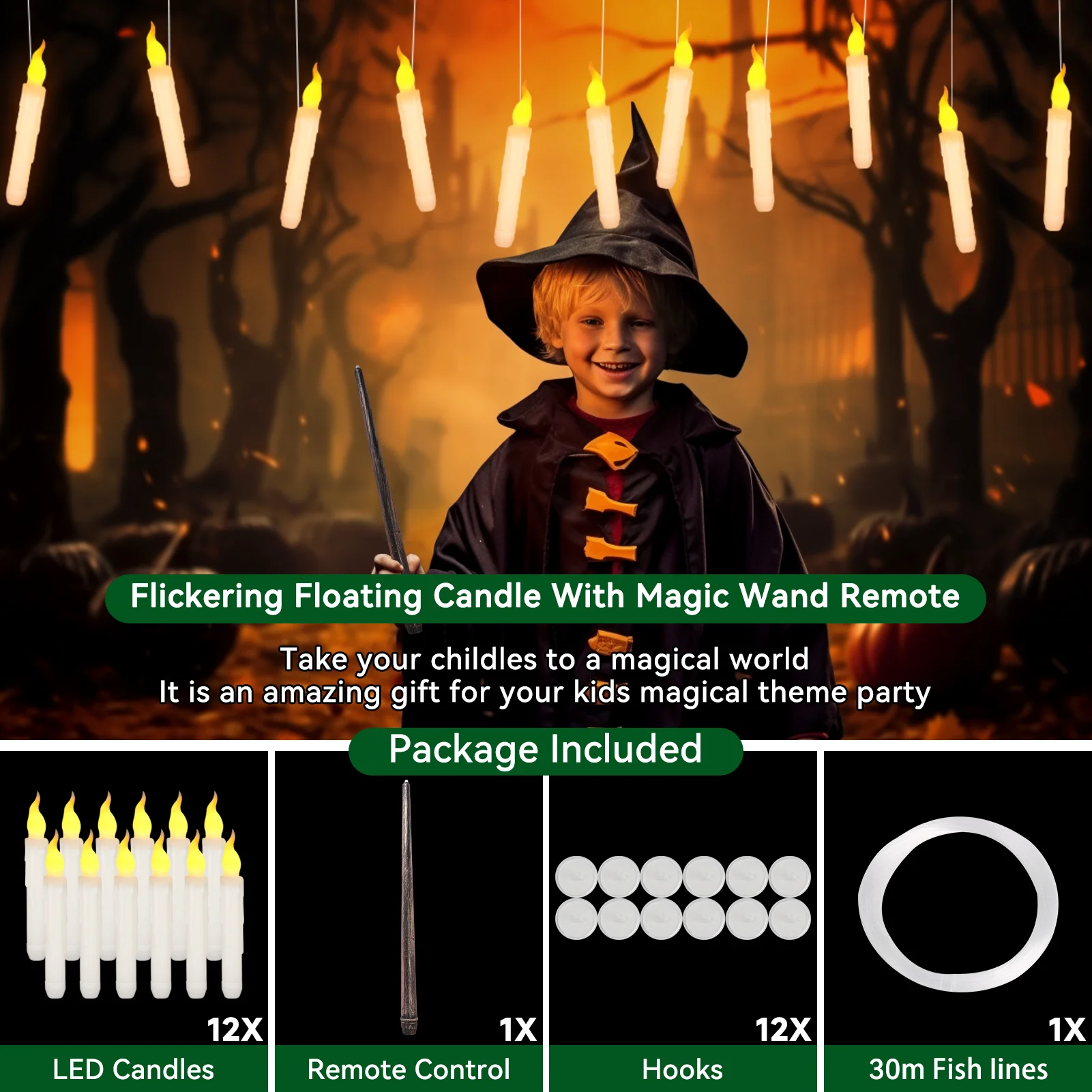 Halloween Floating Candles with Magic Wand Flickering Warm Light LED Flameless Candle Taper Candles for Christmas Party Home Party Decor 5
