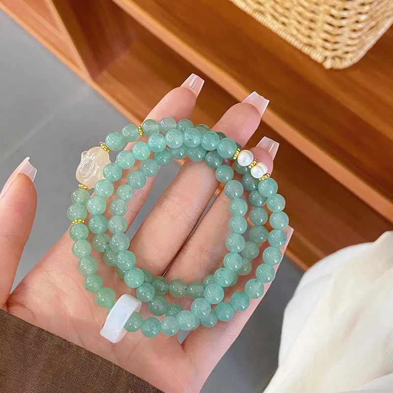 New Chinese Style Natural Agate Double Circle Multi-Layer Women's Design Sense Jinsi Jade Safety Buckle Bracelet