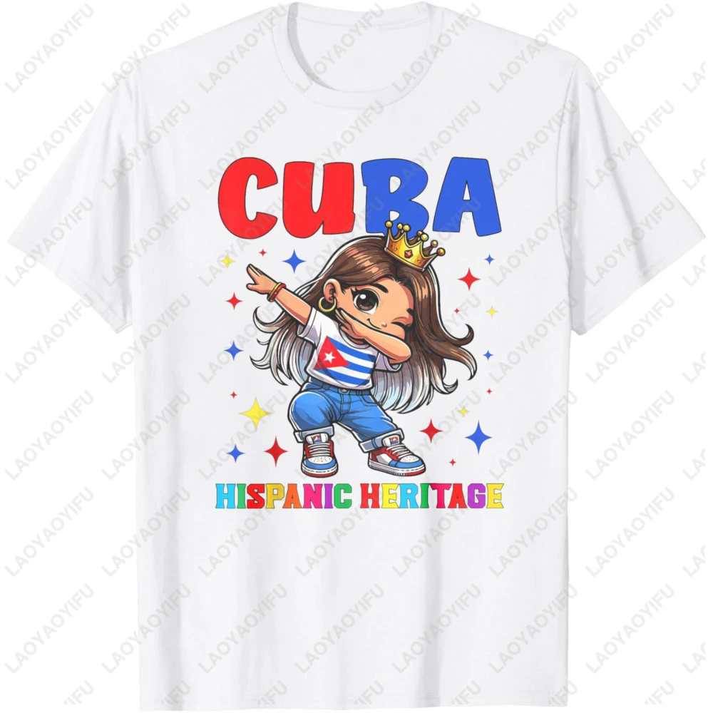Camisetas con gráfico de la bandera de Cuba y chica Chibi, estilo Dabbing Cubanita, Corona de la Herencia Hispánica, Top de algodón casual de manga corta para hombre, ideal para el verano.