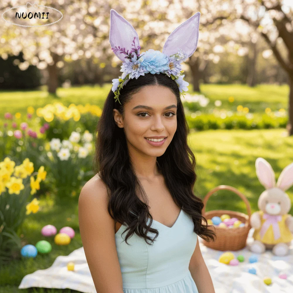 

Flower Rabbit Ears Headband Colorful Floral Easter Headwear Cute Headpiece Photography Props Bunny Ears Hair Hoop