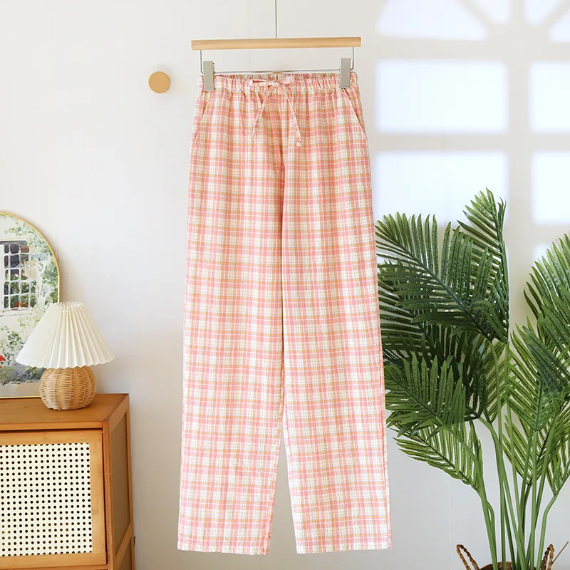 Calças de pijama de algodão puro para dormir roupa de dormir mulher quarto wear primavera verão novas calças xadrez soltas calças de pijama
