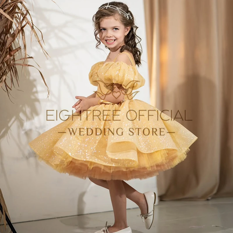 Eightree-Robe de soirée personnalisée pour fille, robe à fleurs scintillantes, robe de princesse à manches courtes pour enfants, anniversaire, Noël