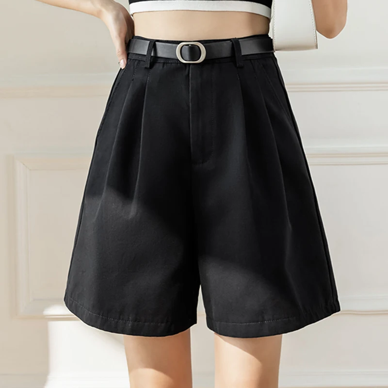 QOERLIN Retro Belted Bermuda Black Shorts Women High Waist Loose Casual Pocket Half Trousers 2022 Summer New Clothing S-XL